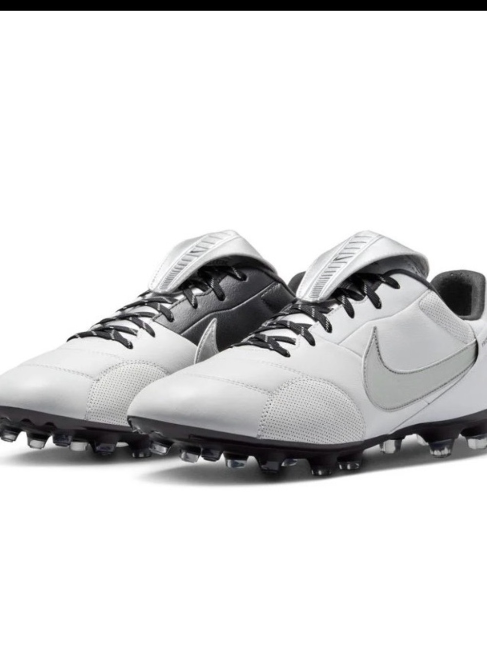 Nike White and Black Kids Soccer Cleats Premier 3 FG with Silver Swoosh